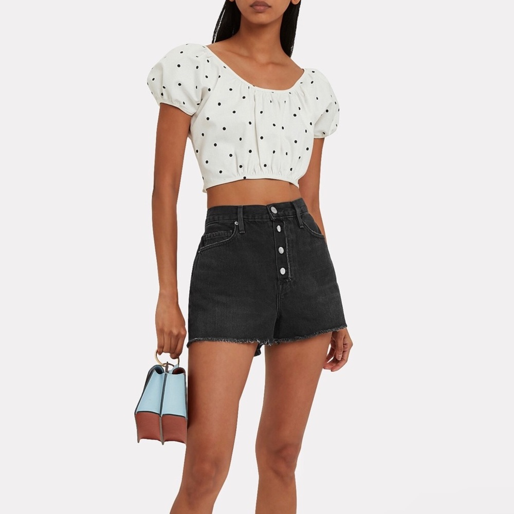 FRAME Le Vintage Black Denim High Rise Shorts | Frayed Hem | Exposed Button Fly